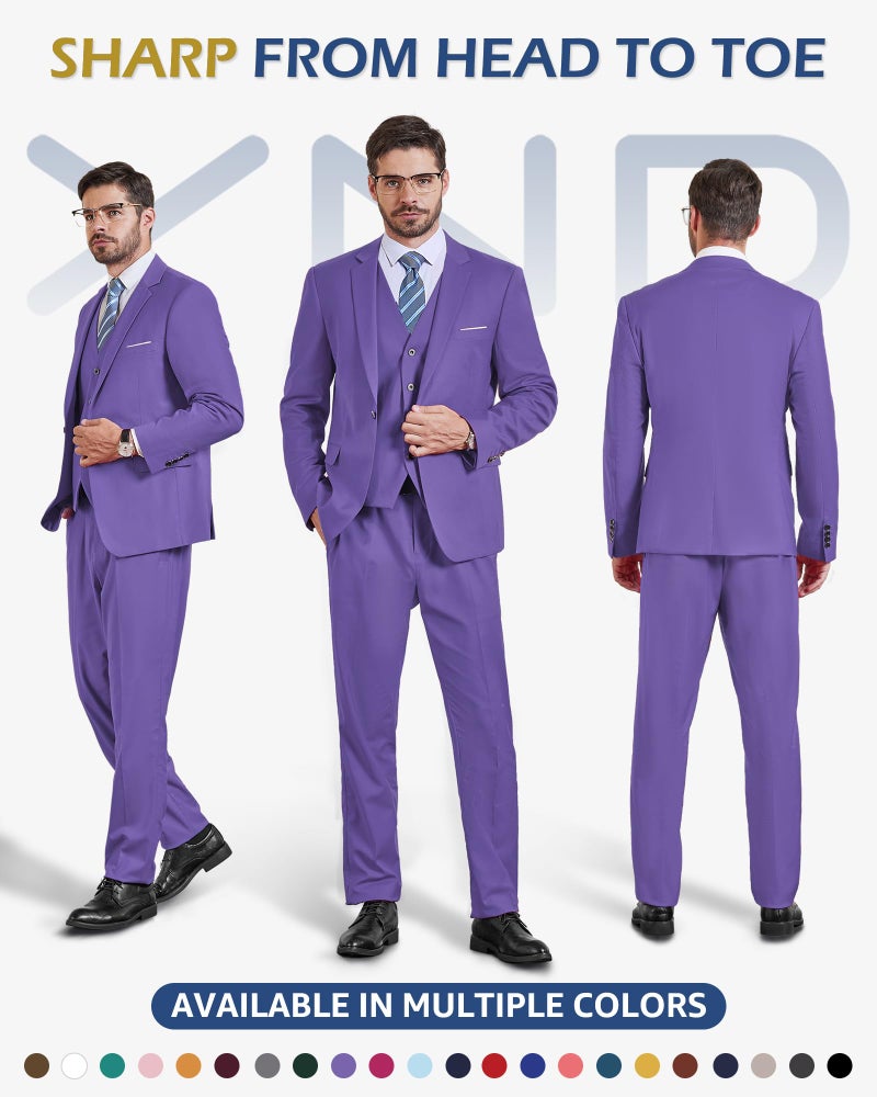 YND Men's 3 Piece Slim Fit Suit, One Button Solid Jacket Vest Pants Set with Tie, for Wedding Party Proms and Business, Purple - Image 2